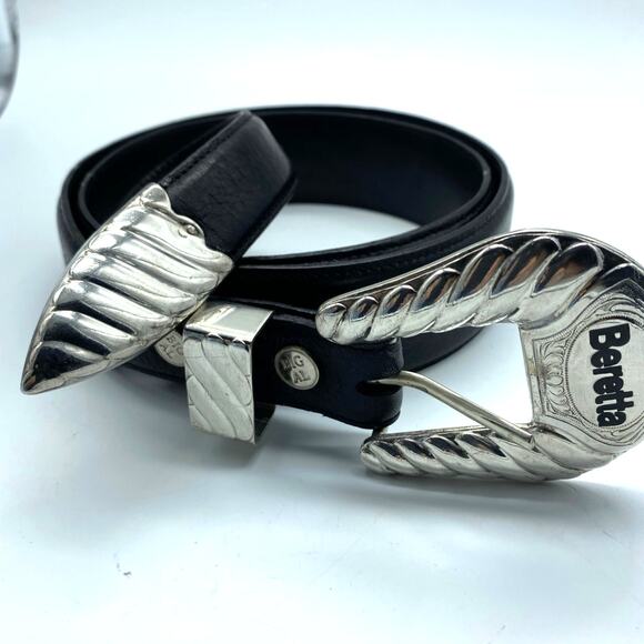 Vtg Big Al ,Al Beres black Leather Belt Silver overlay‎ Buckle 36 USA, Beretta - Picture 3 of 8